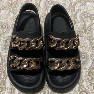 Black Sandals with Gold Chain Accents